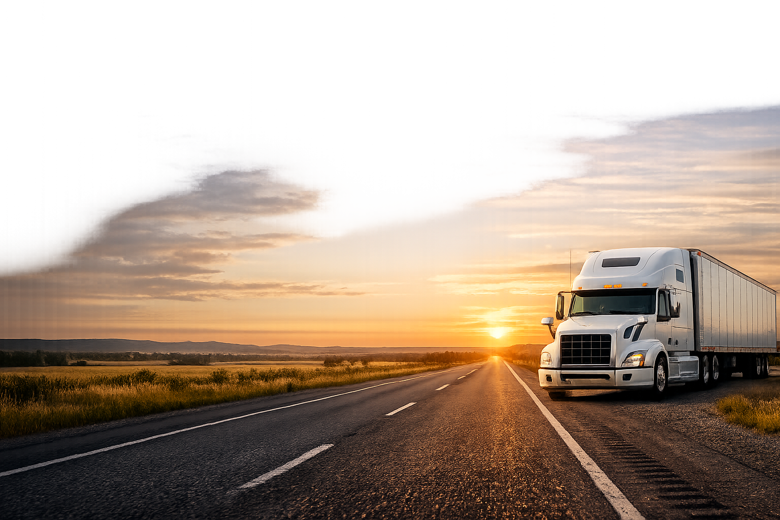 White semi truck driving on an open highway at sunset